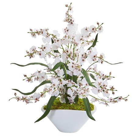 NEARLY NATURALS Dancing Lady Orchid Artificial Arrangement in White Vase - White 1736-WH